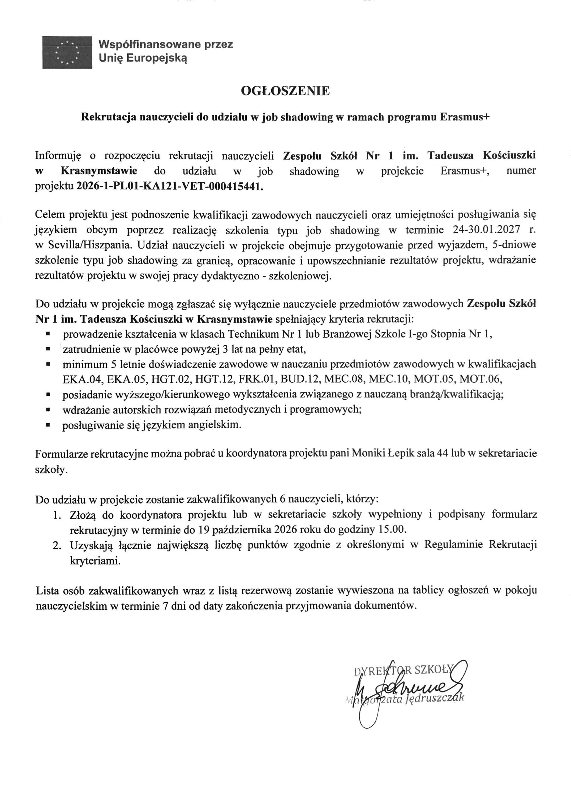 Ogłoszenie: Rekrutacja nauczycieli do udziału w job shadowing w ramach programu Erasmus +